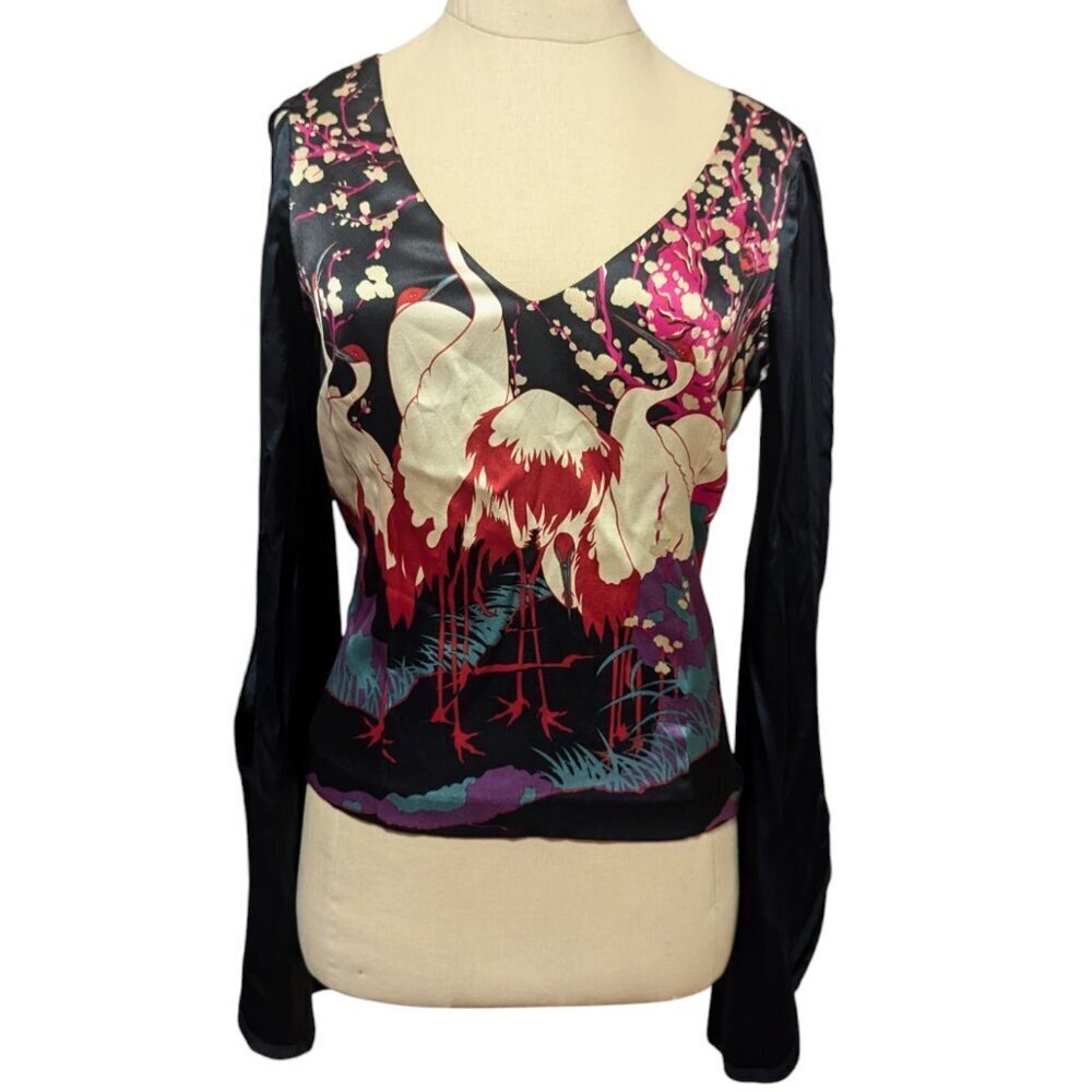 Anthropologie Fillipa Satin Silk Crane Swan Floral Blouse Boho Keyhole V Neck